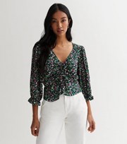 New Look Black Ditsy Floral Ruched Tie Front Peplum Blouse